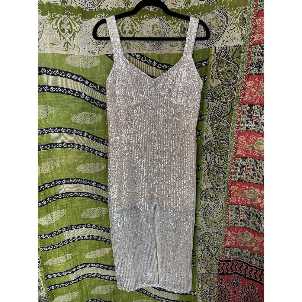 NWT Zara Trafaluc Silver Sequin Midi Dress Size Medium - Picture 3 of 16